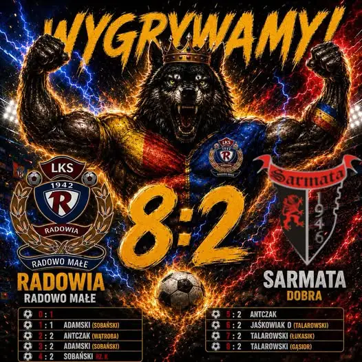 Radowia Radowo Małe rozgromiła Sarmatę Dobra 8:2 w emocjonującym meczu