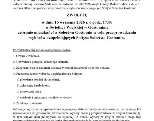 Wybory uzupełniające sołtysa Gostomina – zebranie mieszkańców 15 września