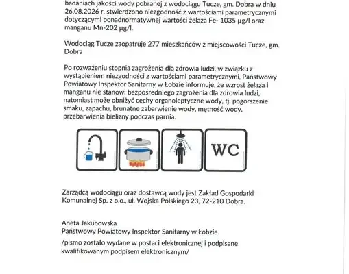 Komunikat sanepidu: podwyższone żelazo i mangan w wodzie z wodociągu Tucze