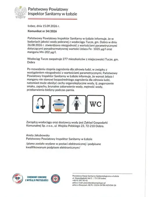 Komunikat sanepidu: podwyższone żelazo i mangan w wodzie z wodociągu Tucze