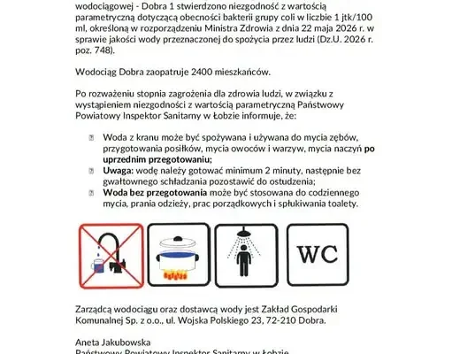 Uwaga mieszkańcy Dobrej! Bakterie grupy coli w wodzie z wodociągu – sanepid wydał komunikat