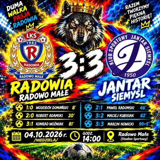 Radowia Radowo Małe zremisowała z Jantarem Siemyśl 3:3 po golu w 95. minucie